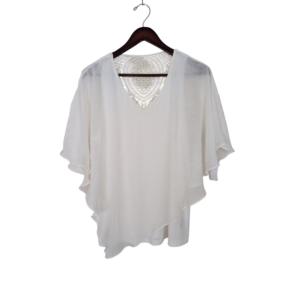 AB‎ Studio Womens White Crochet Lace Back Layered Flutter Sleeve Top L NEW